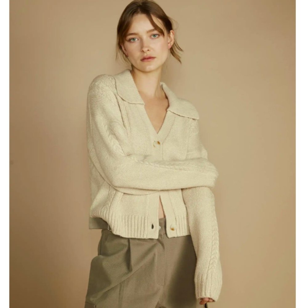 Oak and Fort CABLE KNIT BUTTON UP CARDIGAN XS Oatmeal